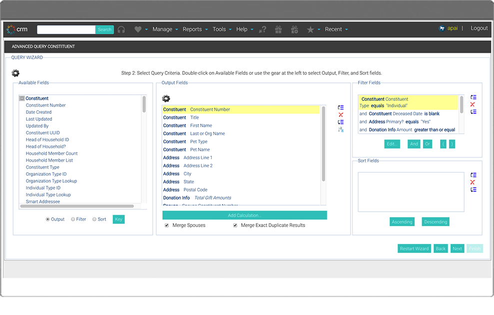 Salsa CRM Software - Users can run advanced queries in Salsa CRM using the query wizard