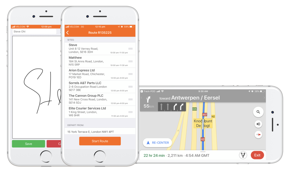 The Track-POD Proof of Delivery app for Android and iOS includes the ability to give drivers voice activated, GPS-based journey directions