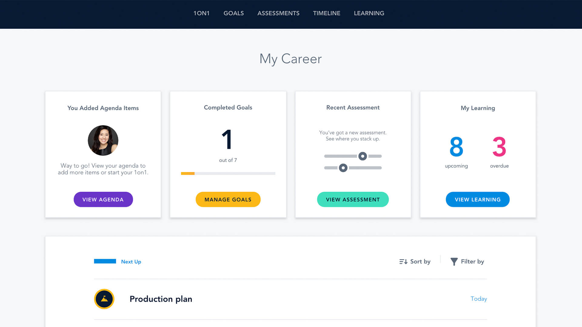 CAREER PLANNING: Bridge makes it easy for employees to check the status of their goals, learnings, assessments, 1:1 manager agenda and more!