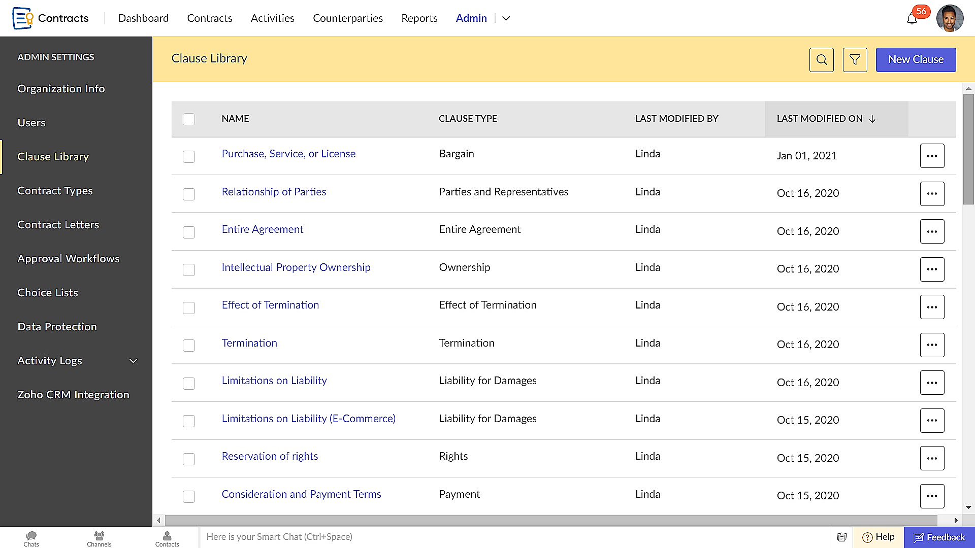 Zoho Contracts Software - Repository of standard and custom clauses with pre-approved languages assures quick reusability and supports scalability.