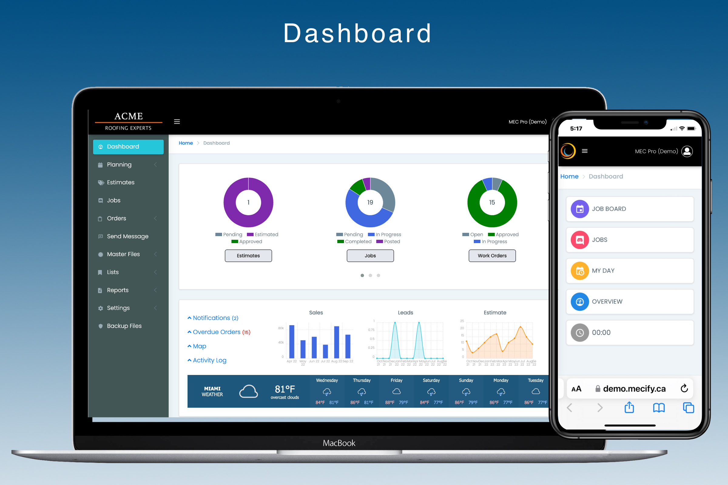 MEC Pro screenshot: Desktop & Mobile Dashboards.  Role based access permissions.