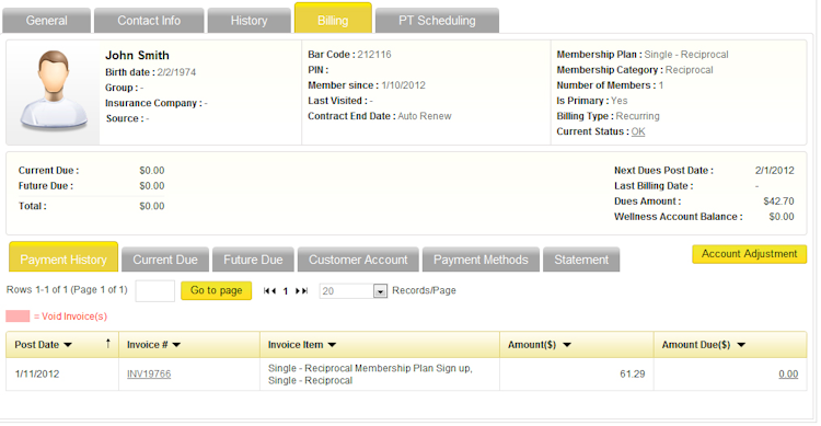 iGo Figure screenshot: iGo Figure users can view full payment history with any void invoices highlighted