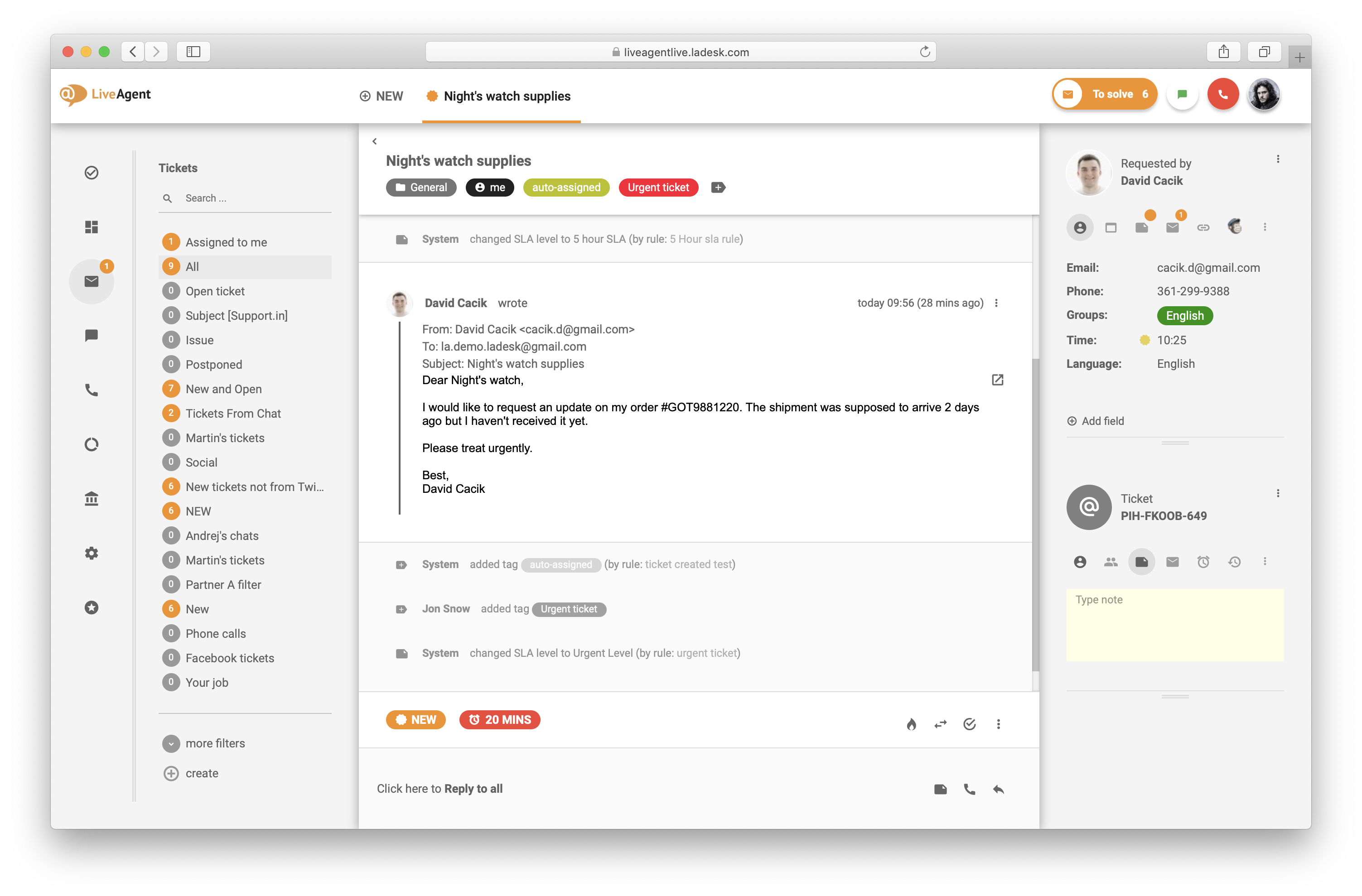LiveAgent ticket details