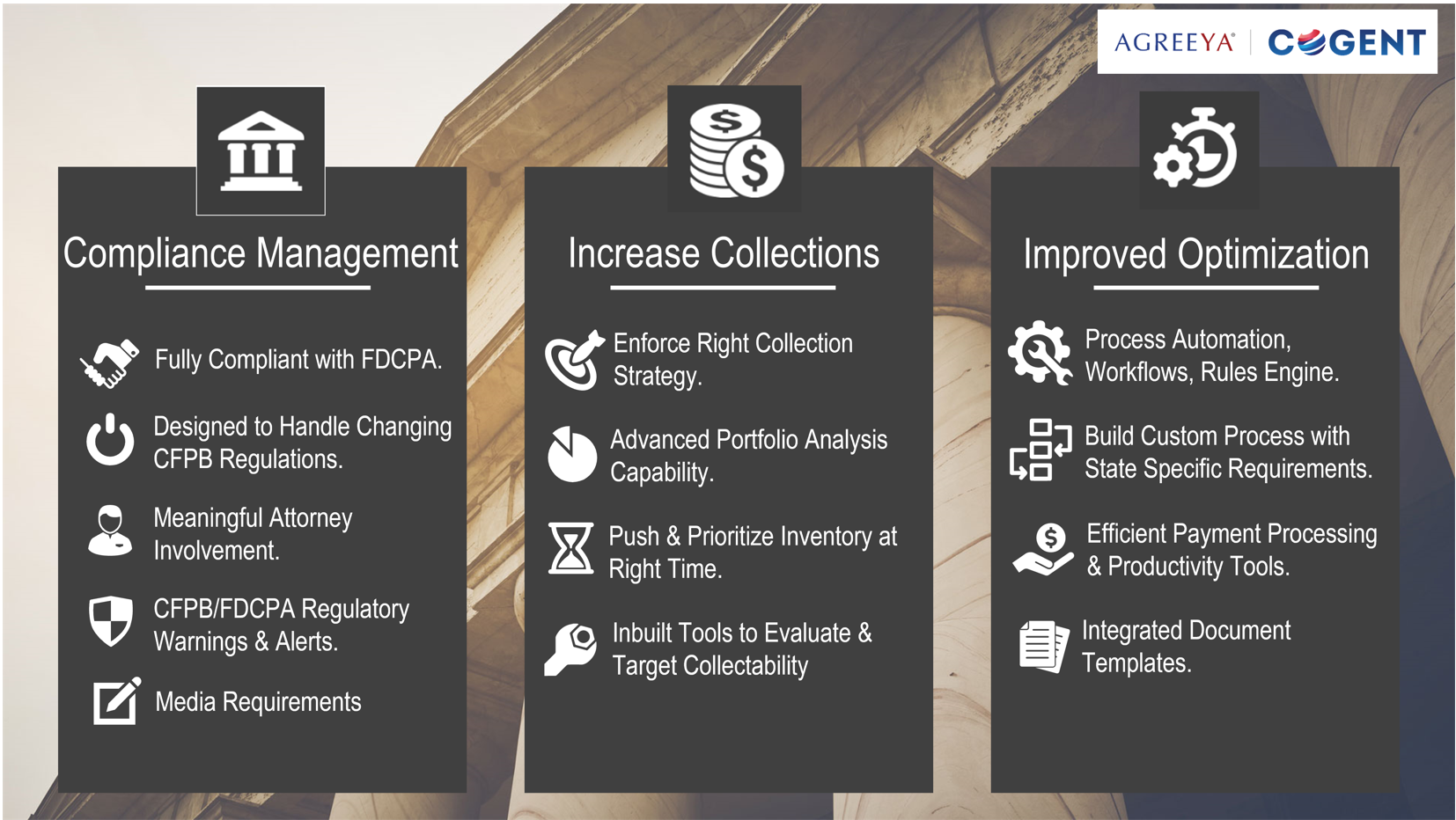 COGENT provides operational benefits by automating processes such as collections, litigation, judgment, customer interaction, payment plan allocation and posting. It also integrates with number of vendor services offering greater operational flexibility