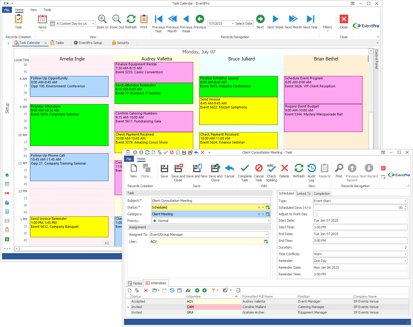 EventPro’s Task Management: View to-do tasks for yourself and others in the shared Task Calendar. You can create tasks, set deadlines, assign users, and schedule reminders. Tasks are linked to the relevant event, account, etc. for easy reference.