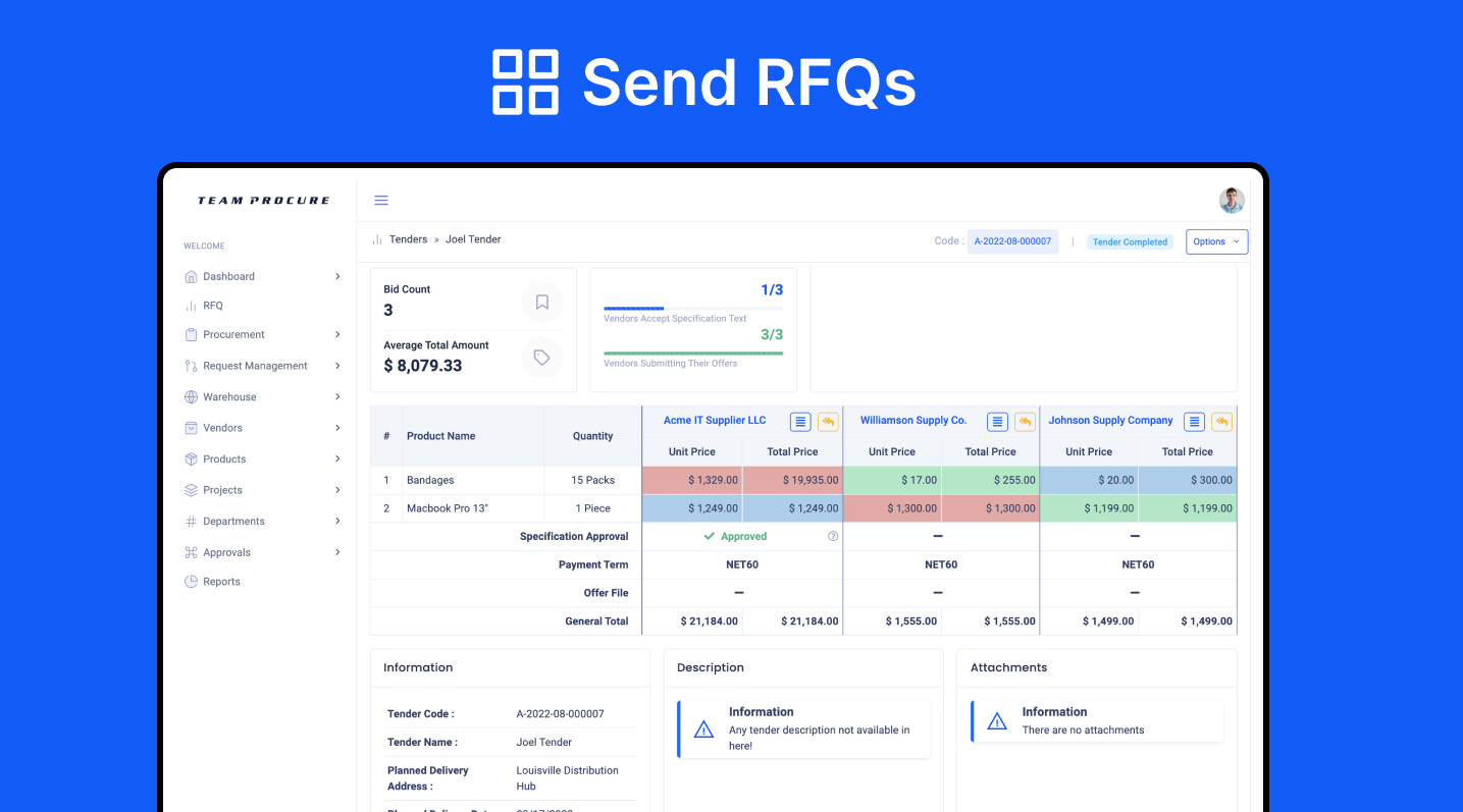 Send RFQs to your suppliers and compare the results. Easily generate POs based on the suppliers and items you want.