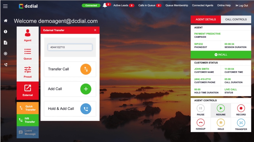 DCDial  screenshot: DCDial agent interface