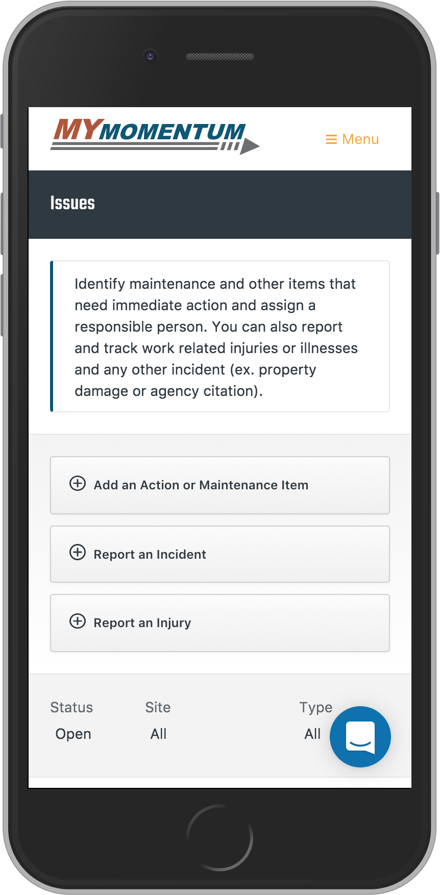 Manage your safety program from any device  - Corrective Action, Assignments, Maintenance Items, Incidents/Accidents and Investigations, Injuries, Inspections, OSHA logs, DOT Drivers,  Regulatory Permits, Program Records, and Job Hazard Assessments.