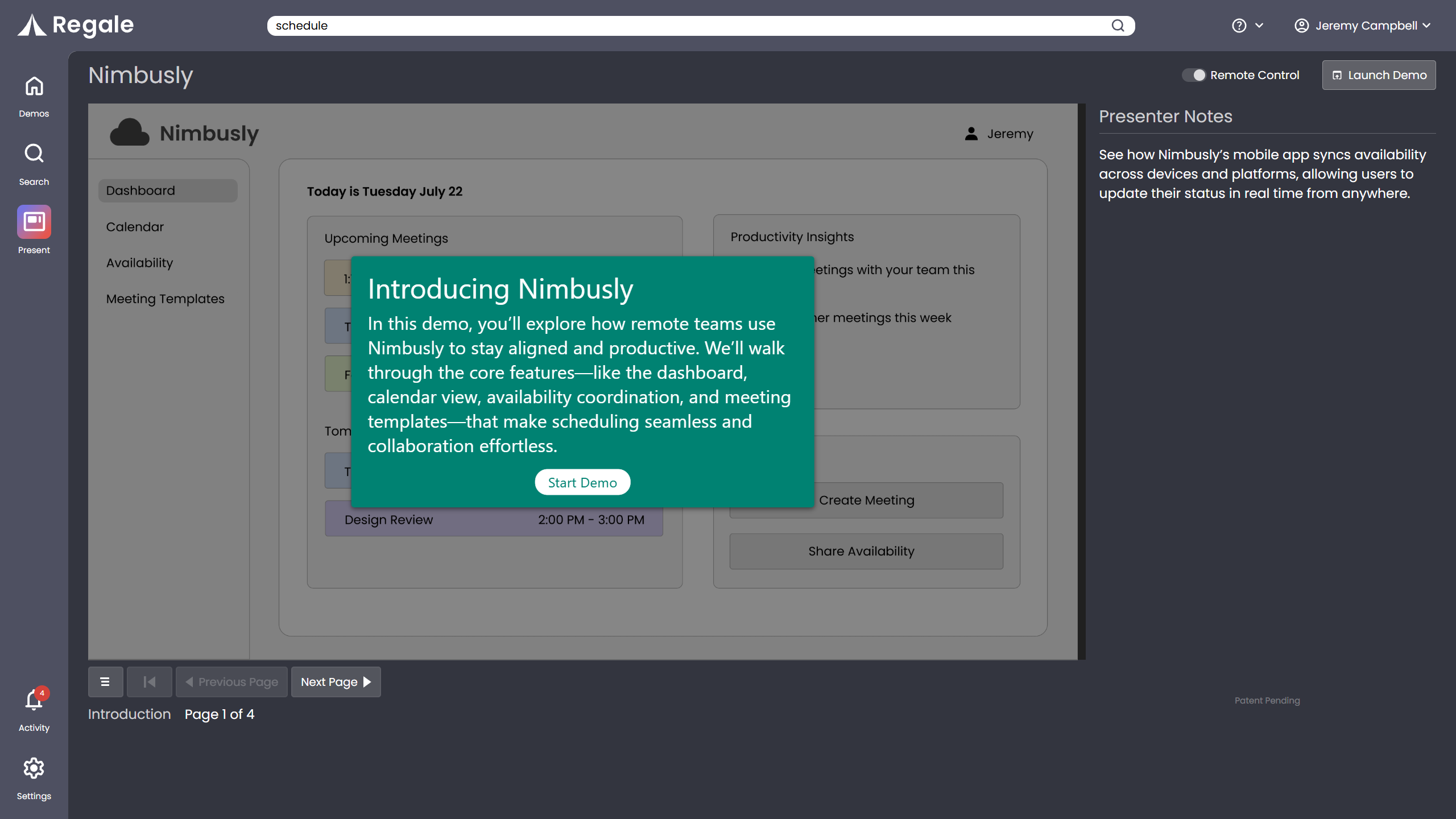 Regale Software - The Present page is the sellers behind-the-scenes view of the demo, the guides them through what to say and where to click, so they can deliver demos with confidence and zero prep time.