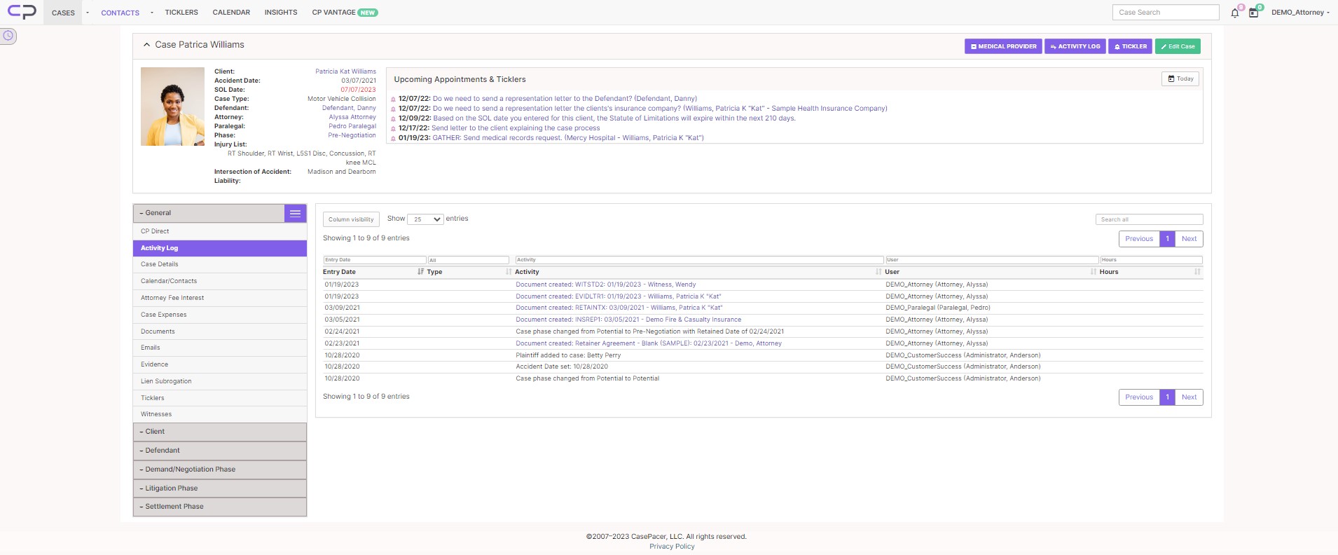 CasePacer screenshot: CasePacer Case Overview