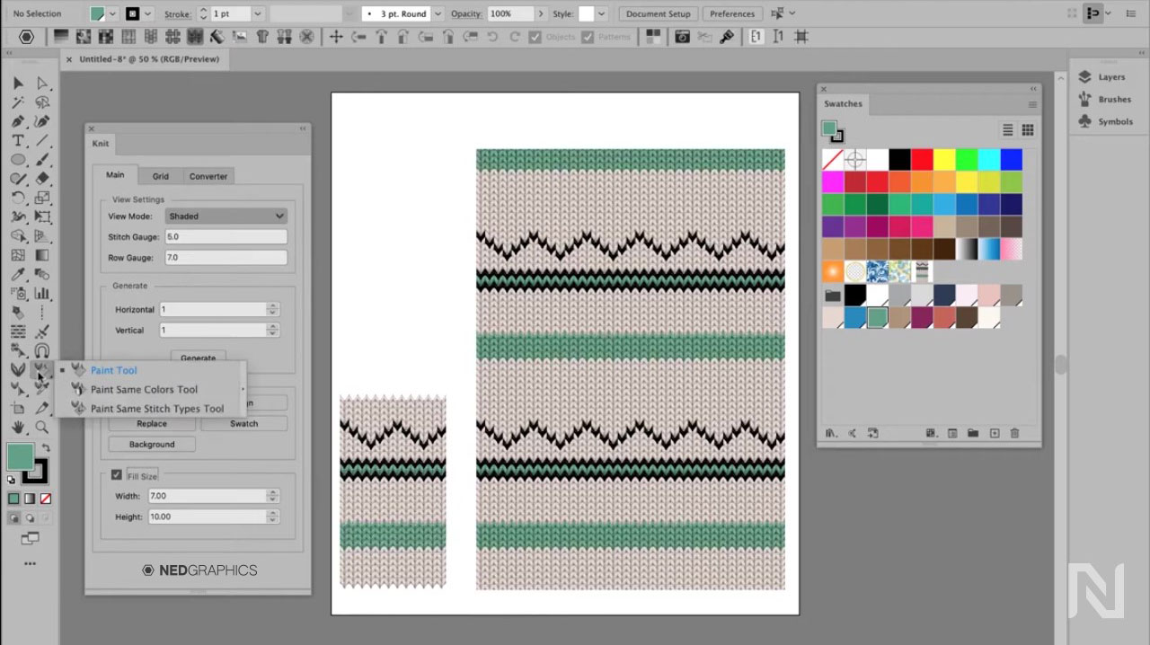With NedGraphics Knit for Adobe® Illustrator® create knit patterns including Fair Isles, intarsia or custom stitch layouts. Designers develop knit layouts and recolor them within Illustrator® design application.