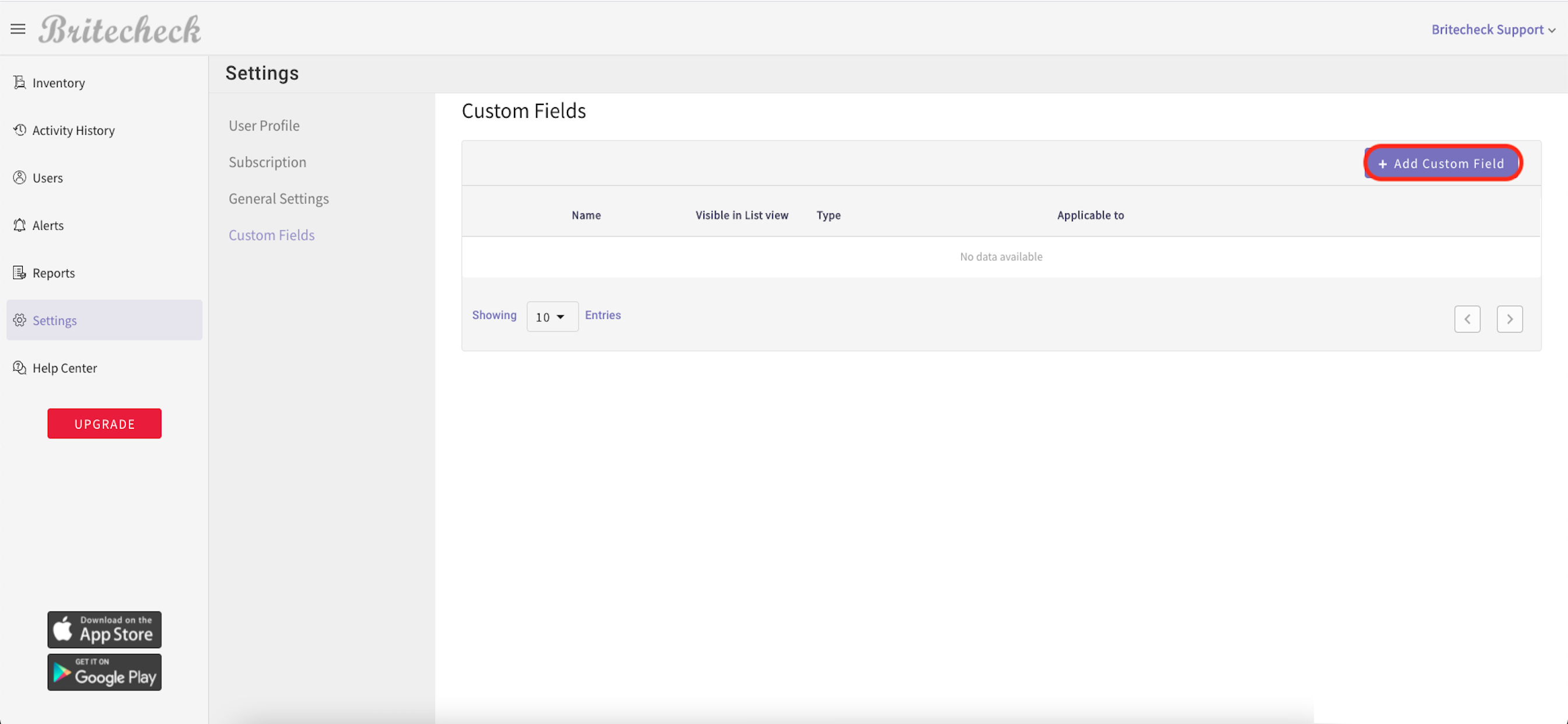 Britecheck screenshot: Britecheck custom fields