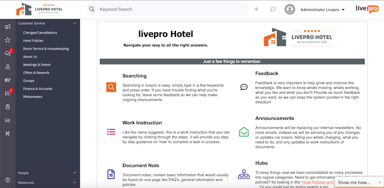 livepro screenshot: livepro knowledge base