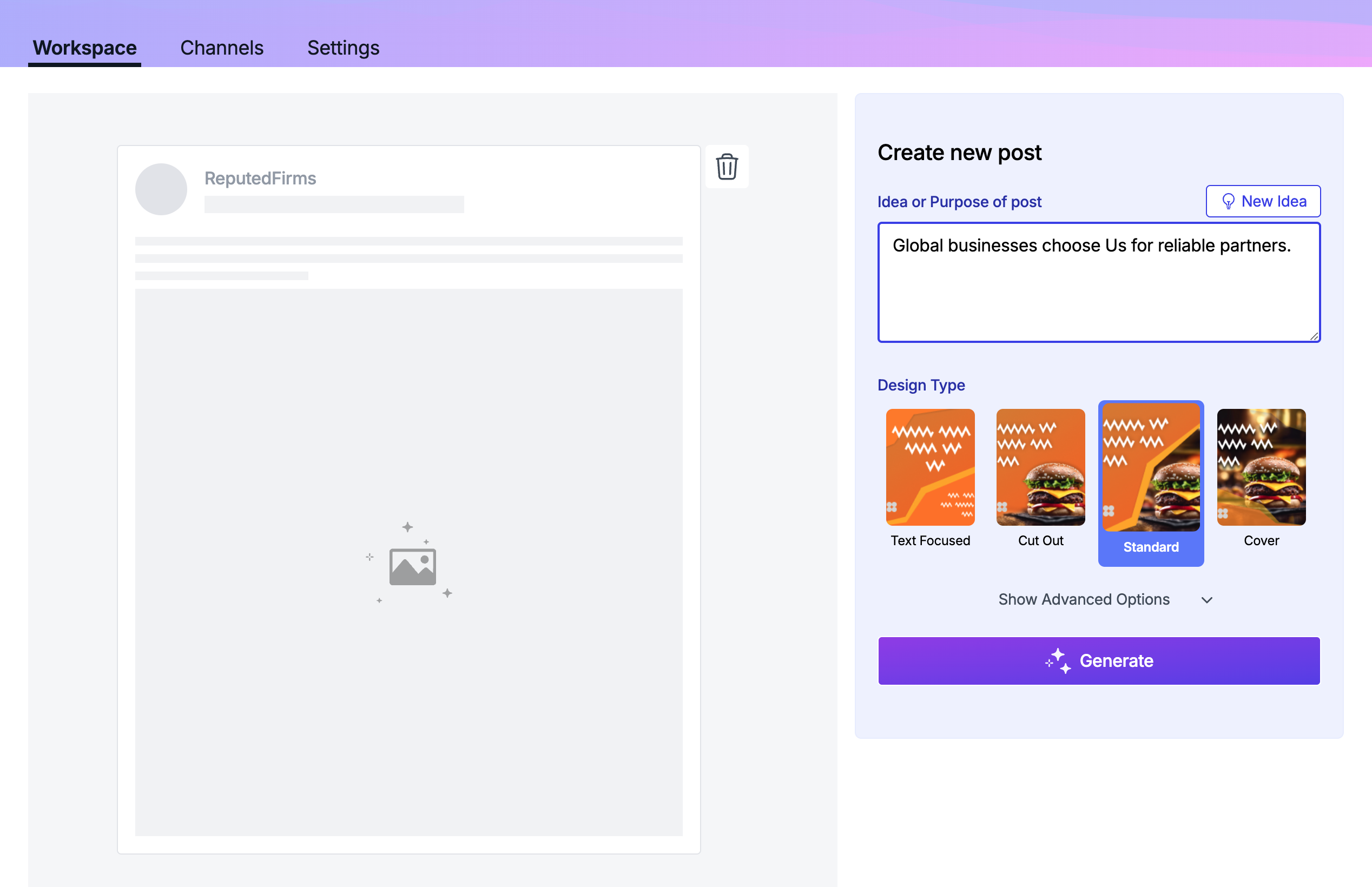Buzzi AI screenshot: Generate Social Media Post