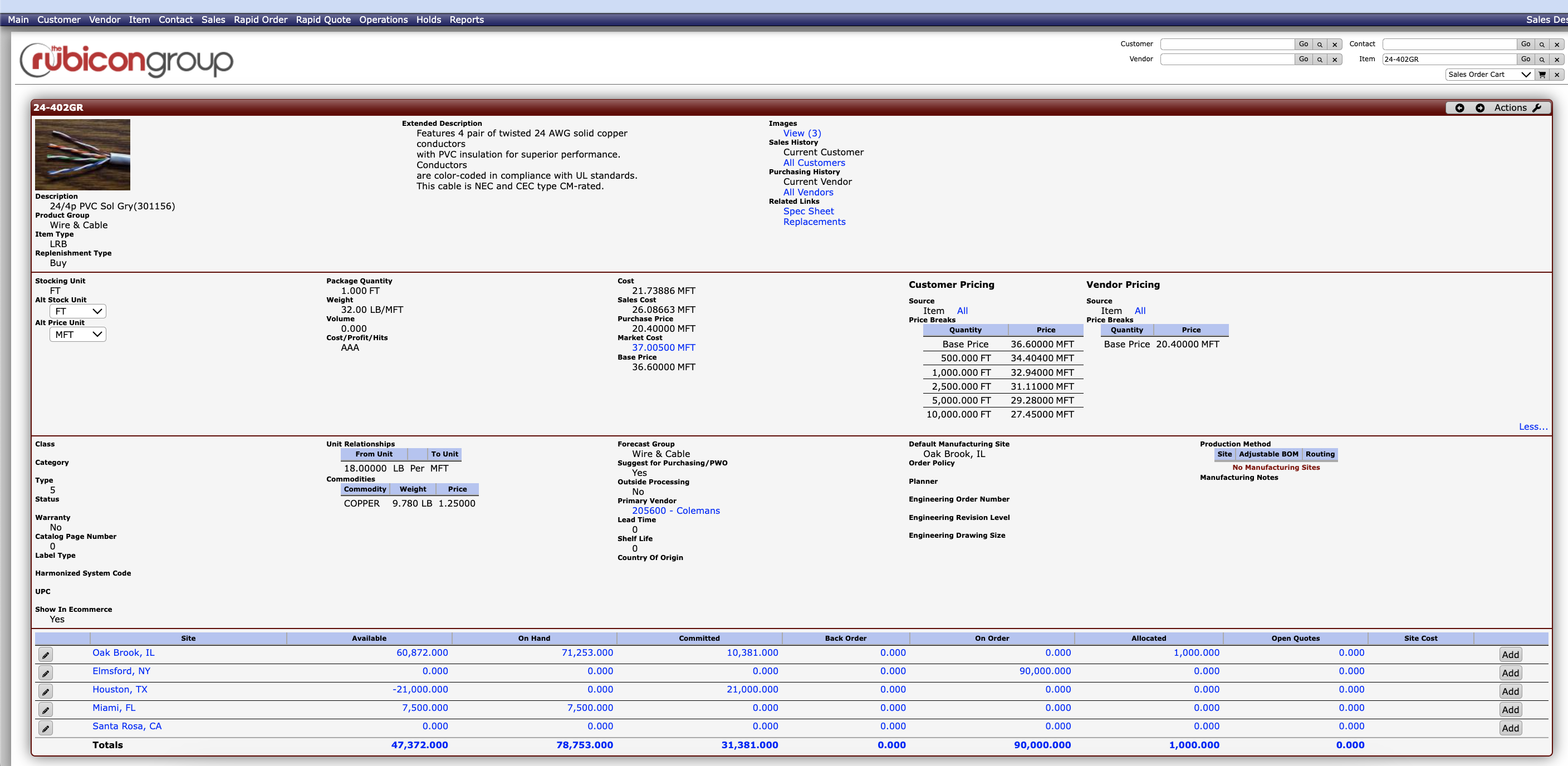 Rubicon ERP Software - Item Page.