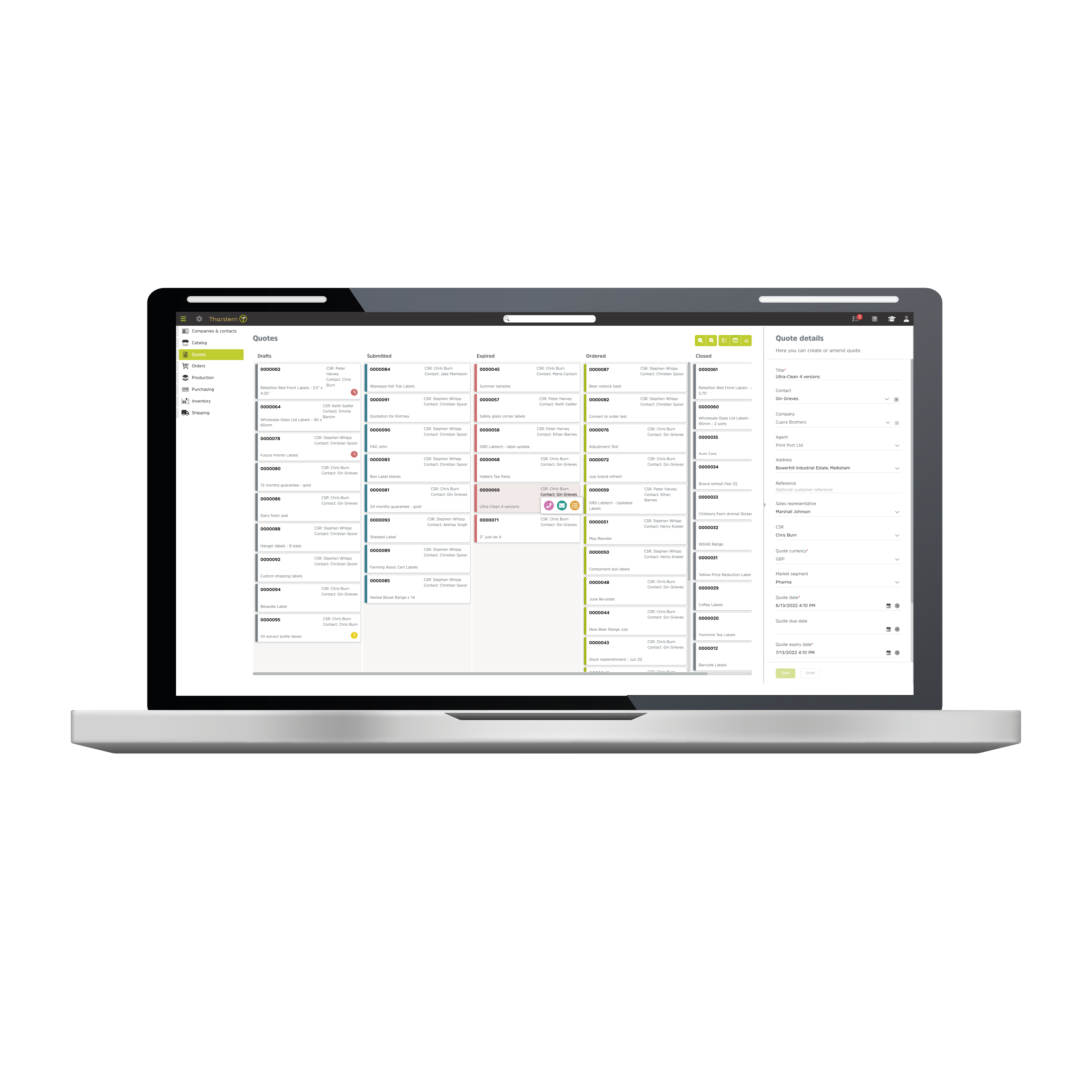 Access quotes, orders and shipments in a kanban style dashboard that allows items to flow from left to right to highlight status