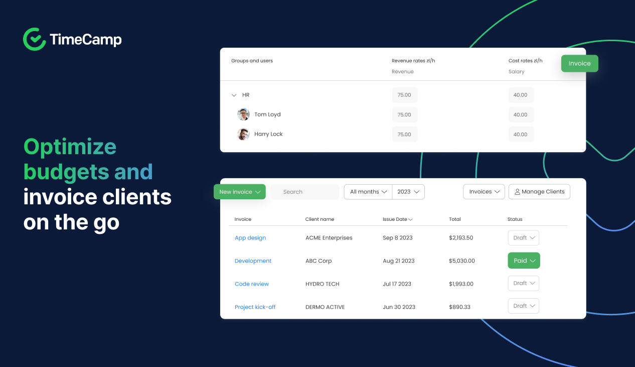 TimeCamp Software - Bill and invoice clients on the go based on the time tracked for tasks and flexible billing rates.