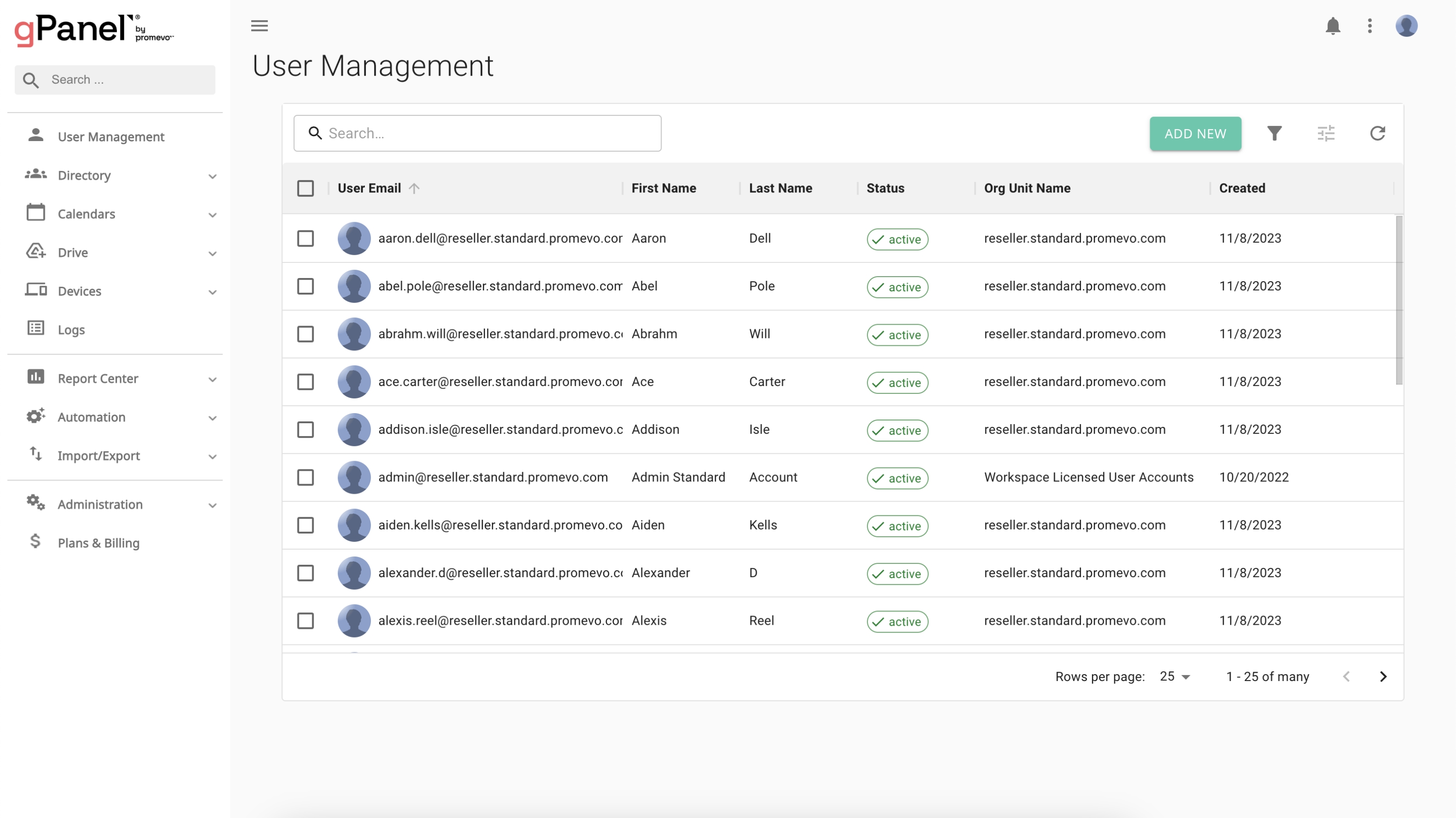 gPanel screenshot: Create, edit, or remove users in a few clicks. Manage permissions, roles, signature templates, and more from a single dashboard.