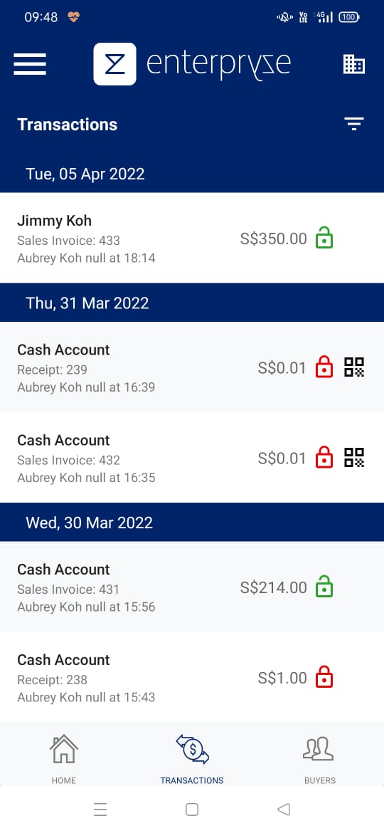 mCollect POS screenshot: See all your recent transactions on the transactions tab.
