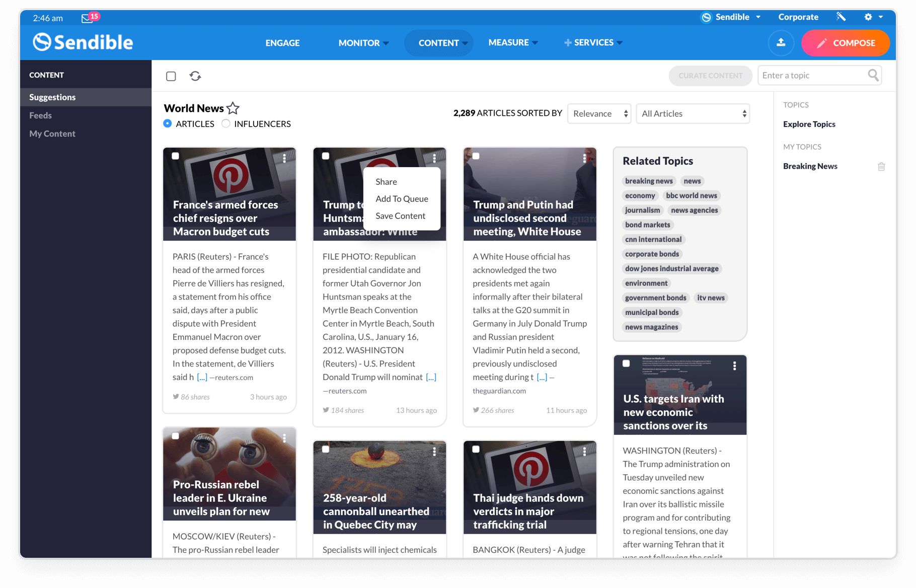 Easily share fresh and engaging content for your client's using our content suggestions. Simply choose topics your client cares about and we will make suggestions on what content is more likely to generate higher follower engagement.