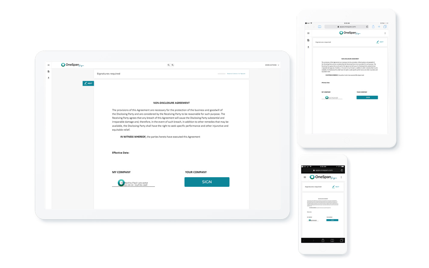 The signing process is intuitive and easy for your signers. OneSpan Sign offers an optimized signing experience so your signers can sign anywhere, anytime, and across multiple devices.