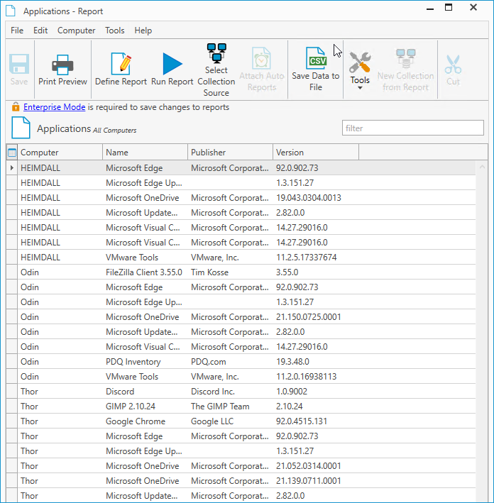 PDQ Inventory Software - An example report generated by PDQ Inventory showing computer ID, application name, publisher, and version number.