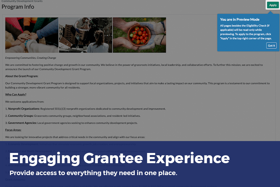 Engaging Grantee Experience: provide access to everything they need in one place.
