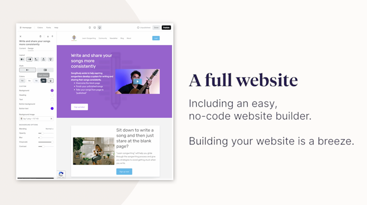 Podia screenshot: Podia's website builder is so easy that you could have your website in the next 10 minutes. And everything you need — taking payments, delivering digital products, community — is handled for you.