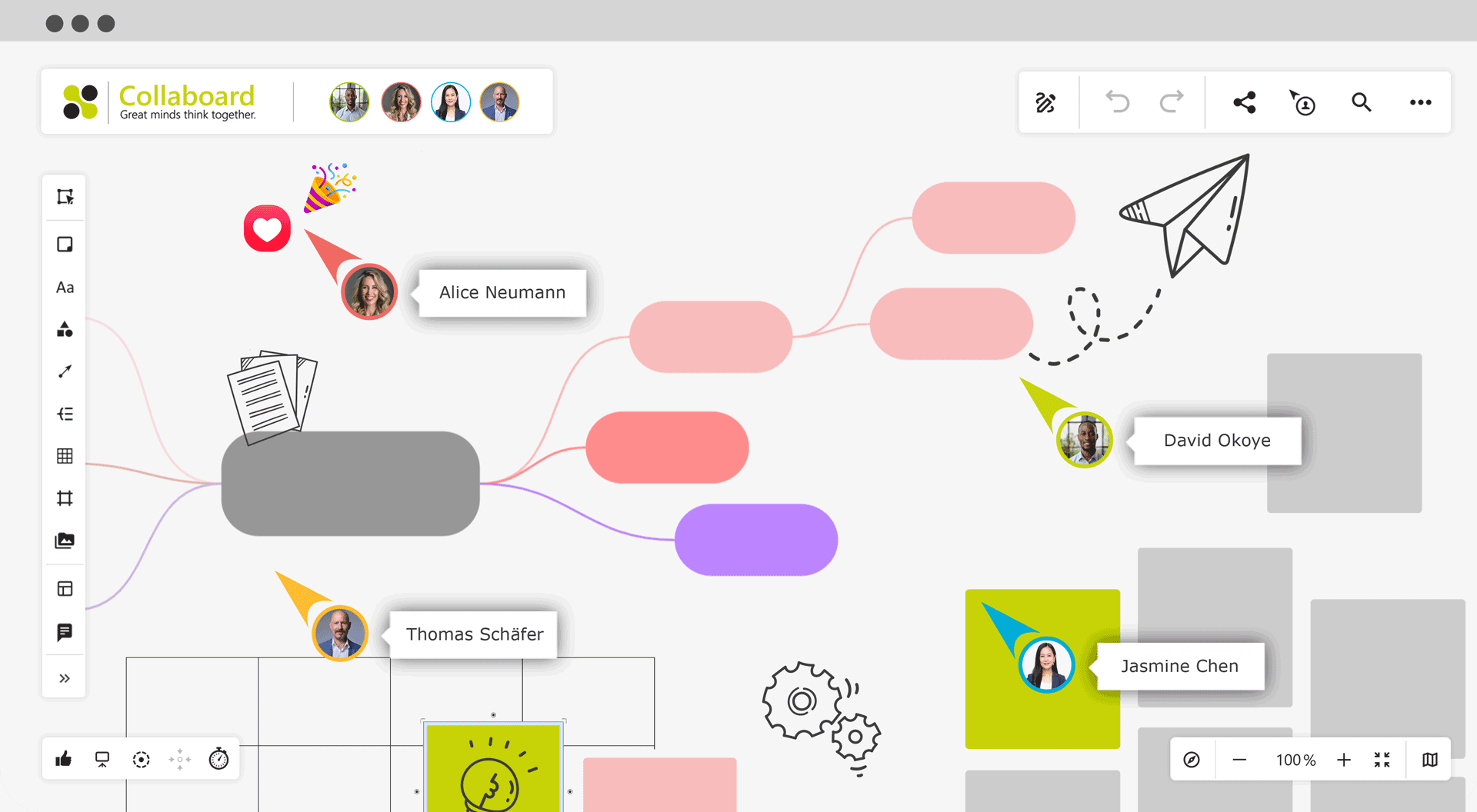 Collaboard screenshot: Create mind maps: Insert note cards, text, and shapes, upload images, documents, videos, and connect them. Teams can easily and creatively develop mind maps together on one board and in real-time.