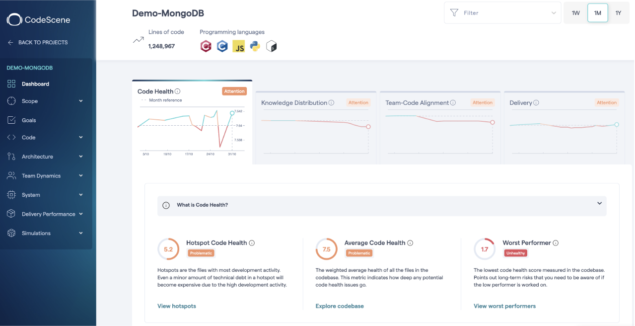 CodeScene screenshot: Get instant feedback on your code with real prioritizations on how your software projects are performing. Filter by team, measure progress and use in retrospectives and daily stand ups. 