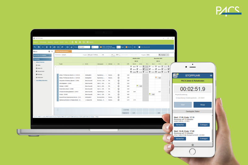 PACS Project Controlling Software screenshot: Mit der PACS Software können Sie alle projektbezogenen Zeiten und Kosten erfassen und verwalten. Die intuitive Desktop-Anwendung bietet umfangreiche Controlling-Funktionen, während die mobile App eine flexible Zeiterfassung von unterwegs ermöglicht.
