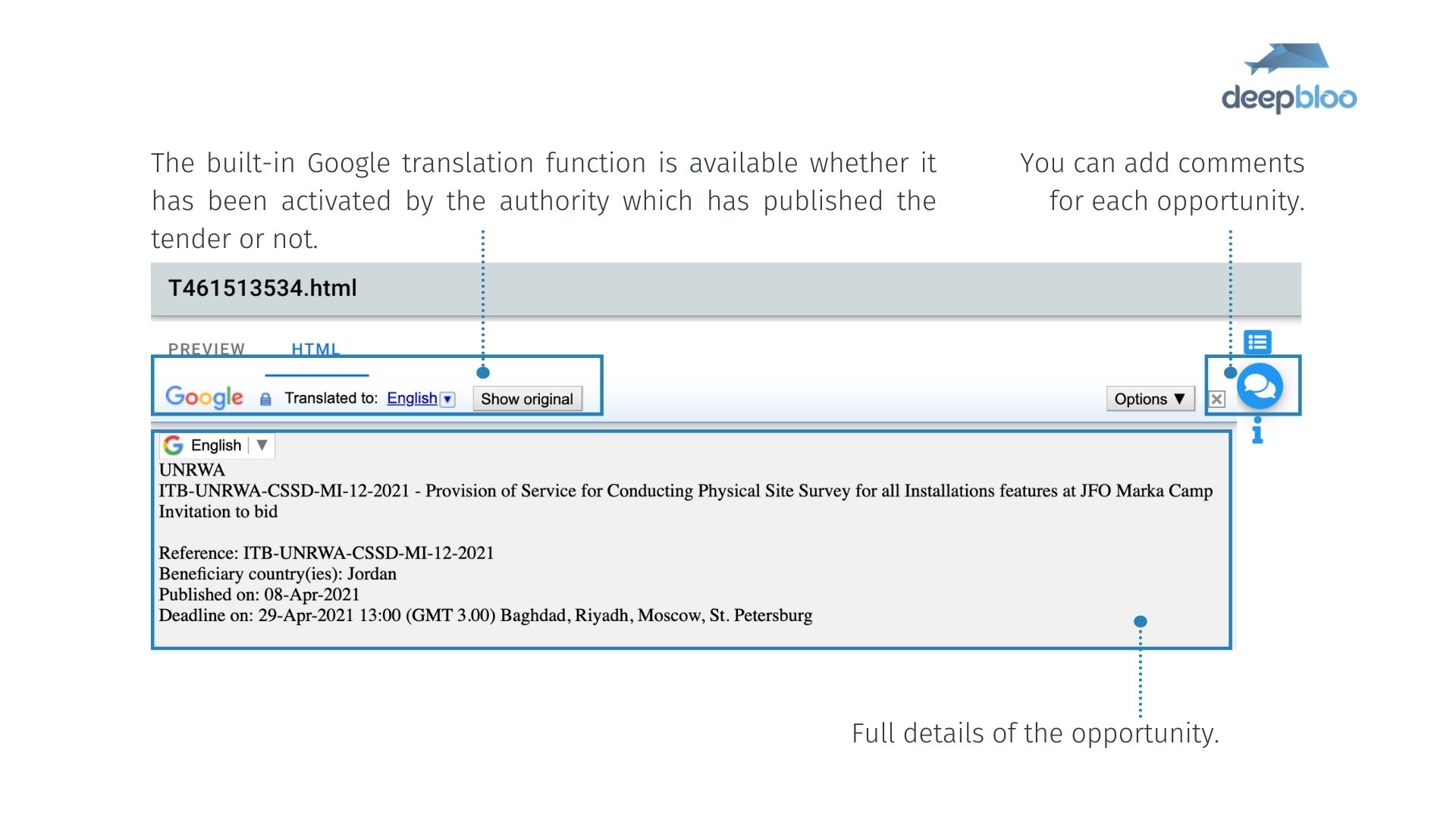 Built-in Google translate to better manage the tenders in foreign languages