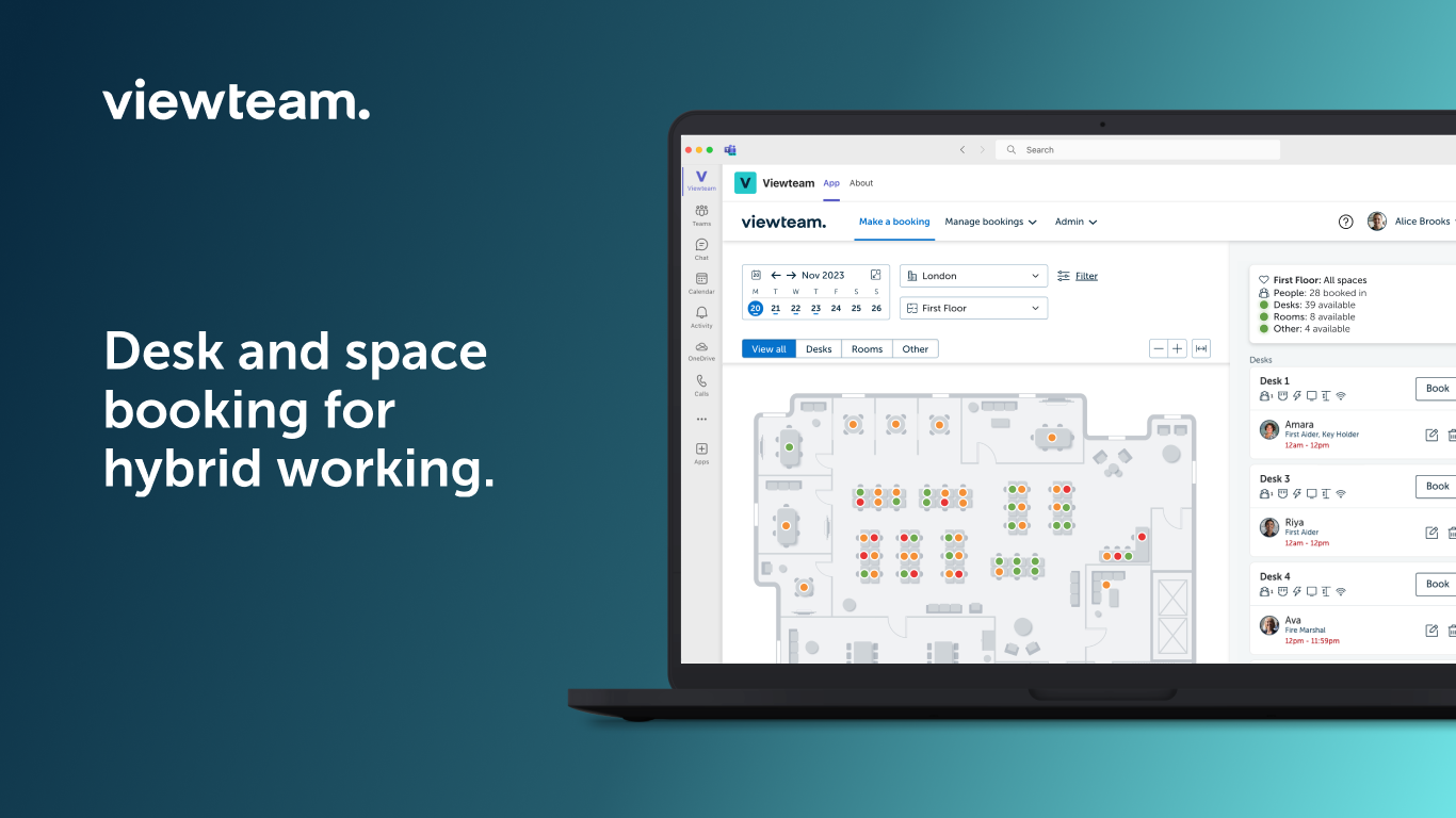 Viewteam screenshot: Make a booking in as little as two clicks with an interactive seating plan. Available through your web browser or access directly within Microsoft Teams via the Teams app.