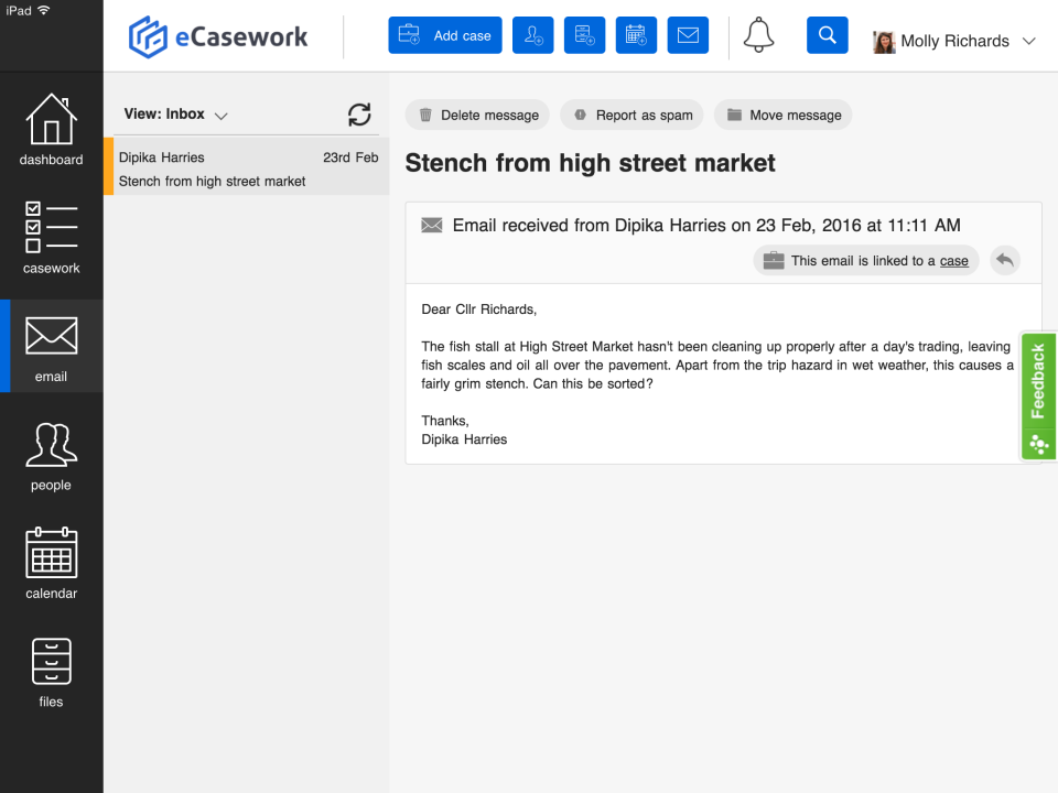 eCasework Software - The email inbox allows users to send emails directly from the eCasework app