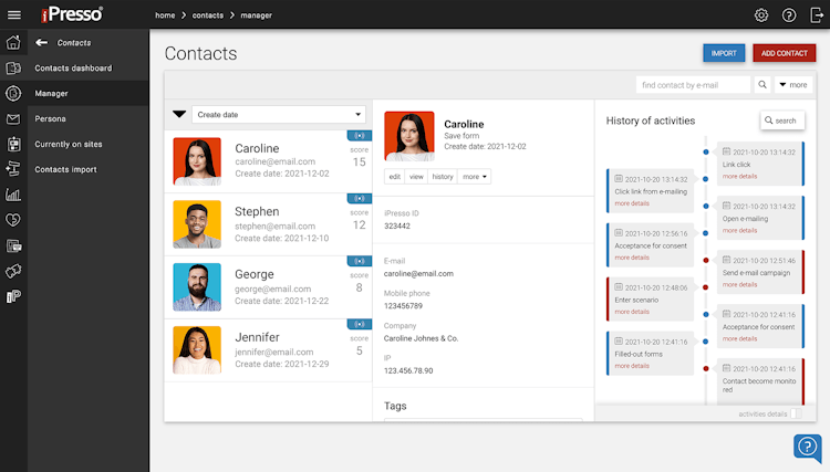 iPresso screenshot: The contact manager includes a full contact activity history