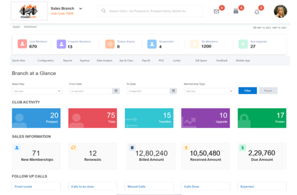 Gymex Club Management Software screenshot: Gymex Club Management Software Dashboard