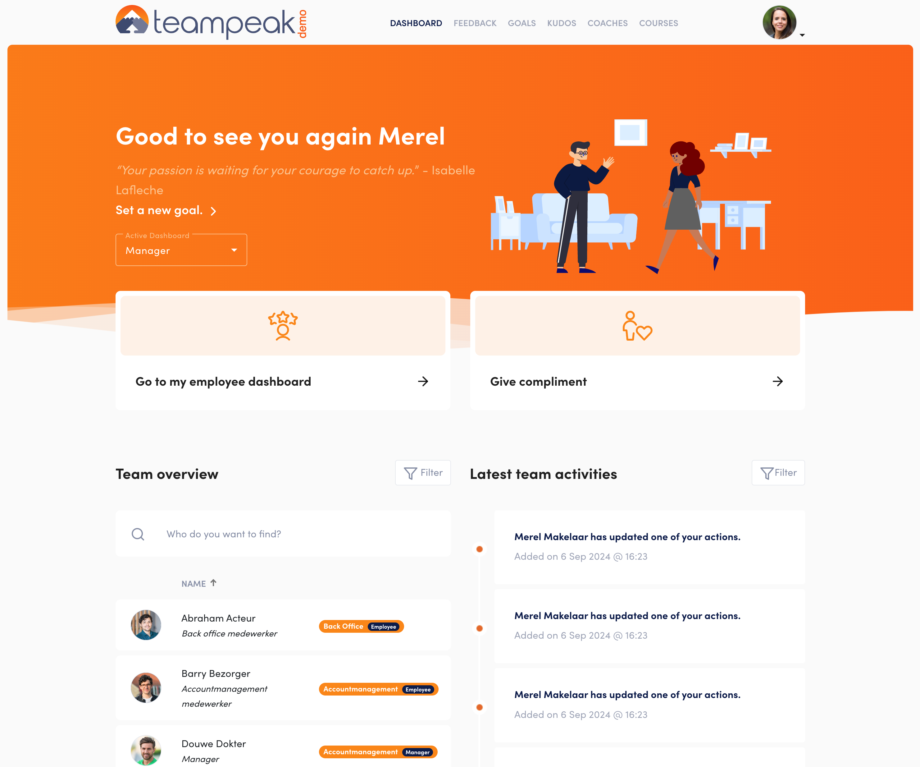 Teampeak screenshot: The Teampeak dashboard offers an intuitive interface for managing employee performance, setting goals, and tracking progress. With real-time analytics, feedback tools, and customizable KPI tracking, it streamlines HR processes for better talent develop