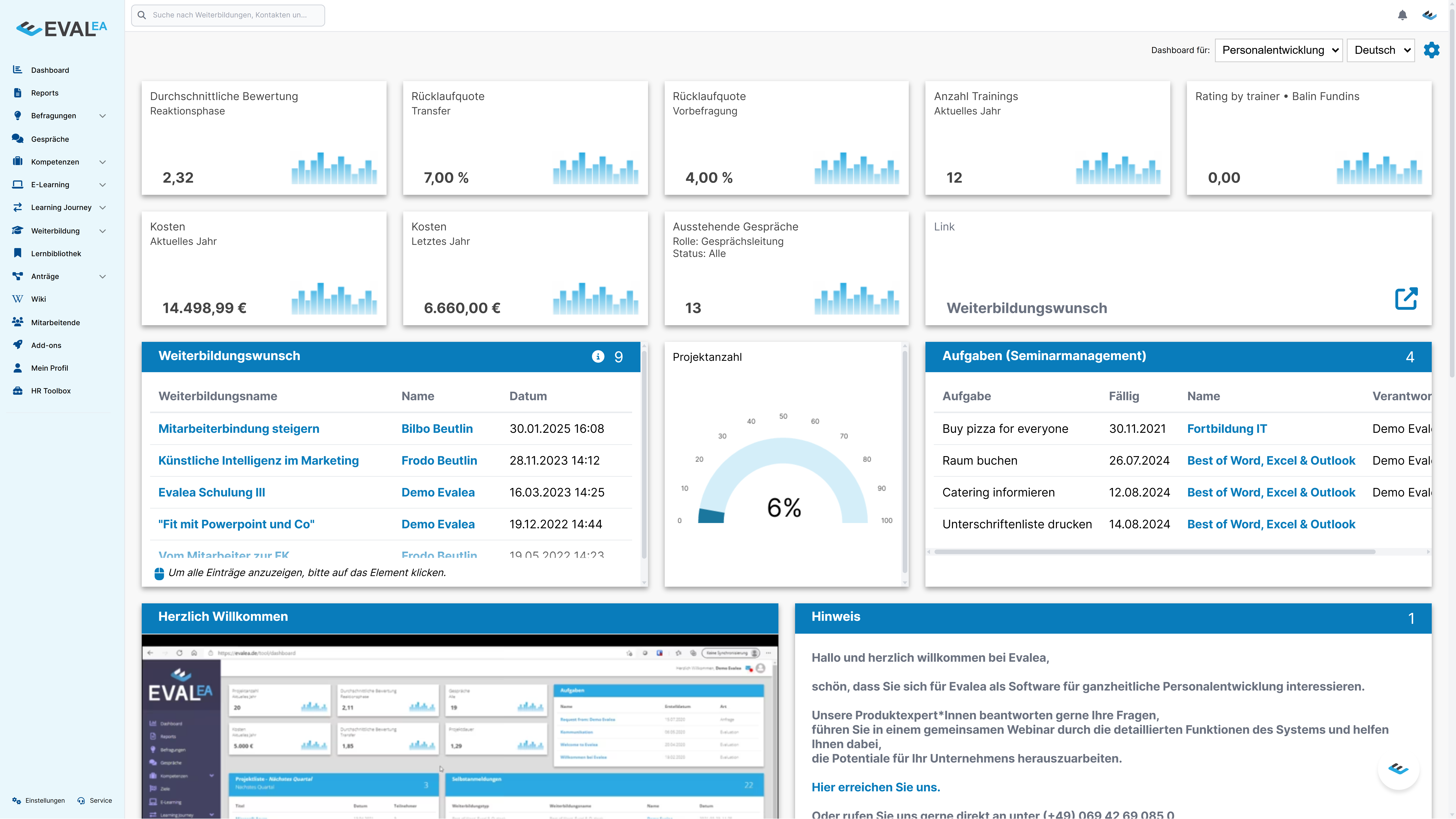 Evalea screenshot: Evalea dashboard