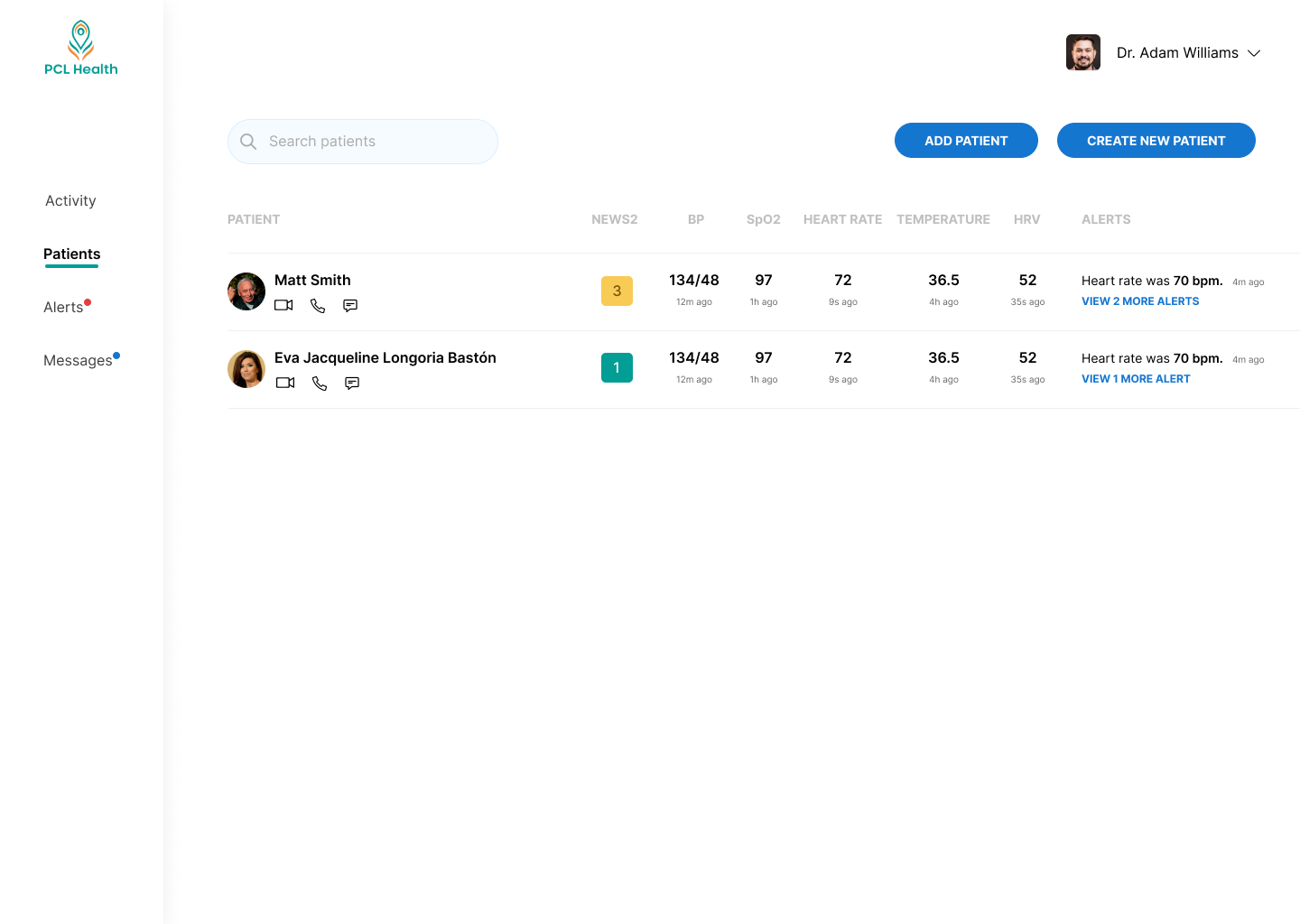 PCL Health screenshot: Clinician Dashboard