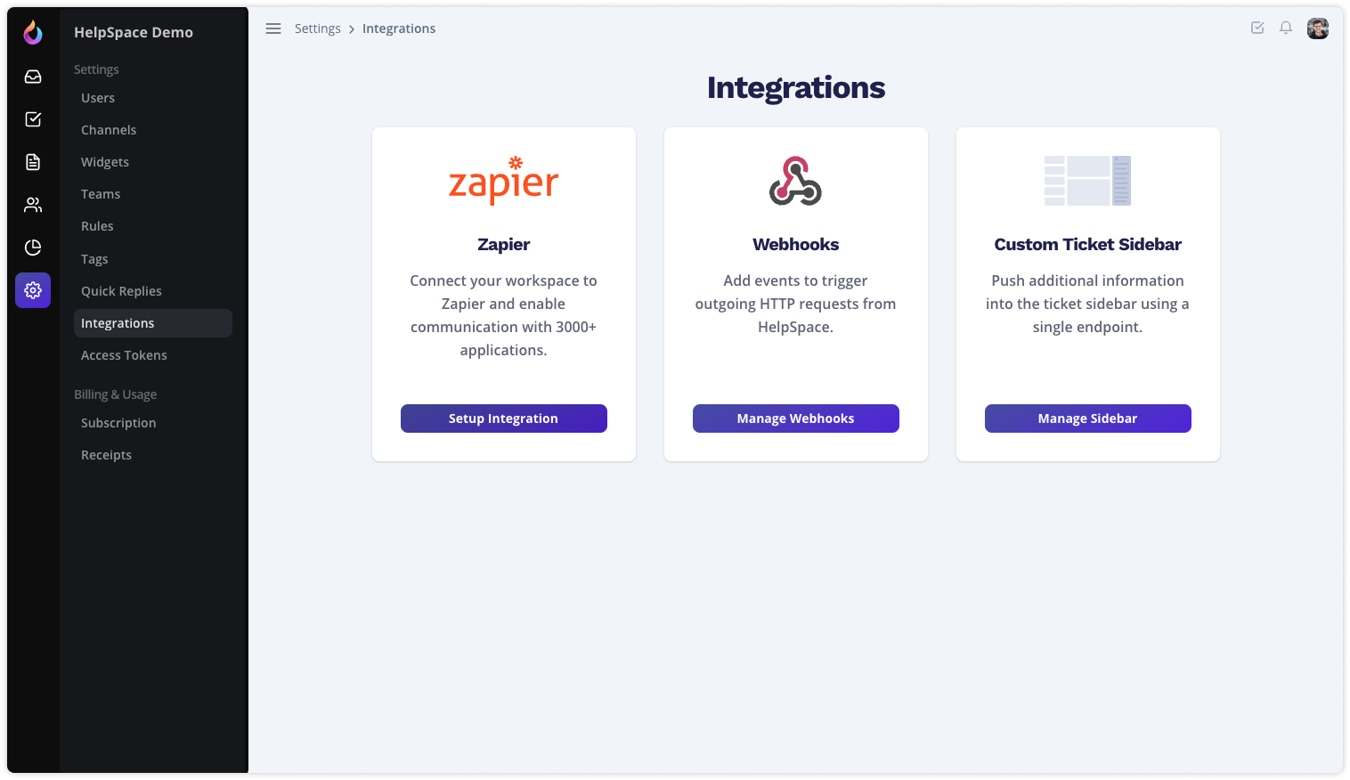 HelpSpace Integrations: various options to integrate HelpSpace into your application landscape, using our API, webhooks or Zapier, to speed up and simplify your processes.