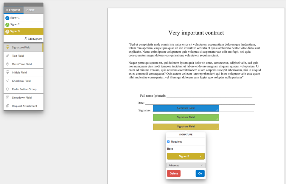 Multiple signatures can be added to the same document by different signers