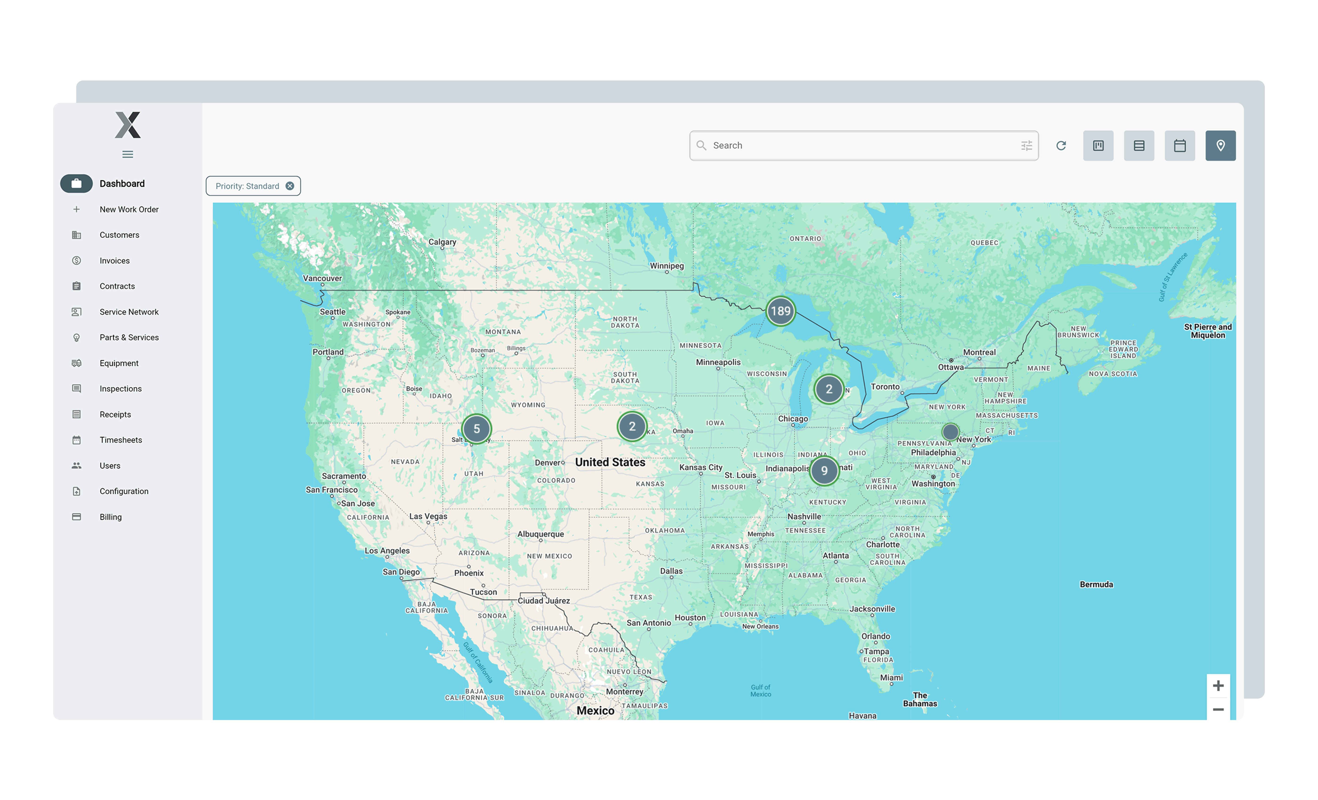 Lexul Field Service screenshot: Pinpoint: Easily pinpoint individual jobs on a map with a single click View all work orders organized, and view job priorities for efficient task management Locate work by customer, status, contract, assigned technician, deadline, schedule date, and more.
