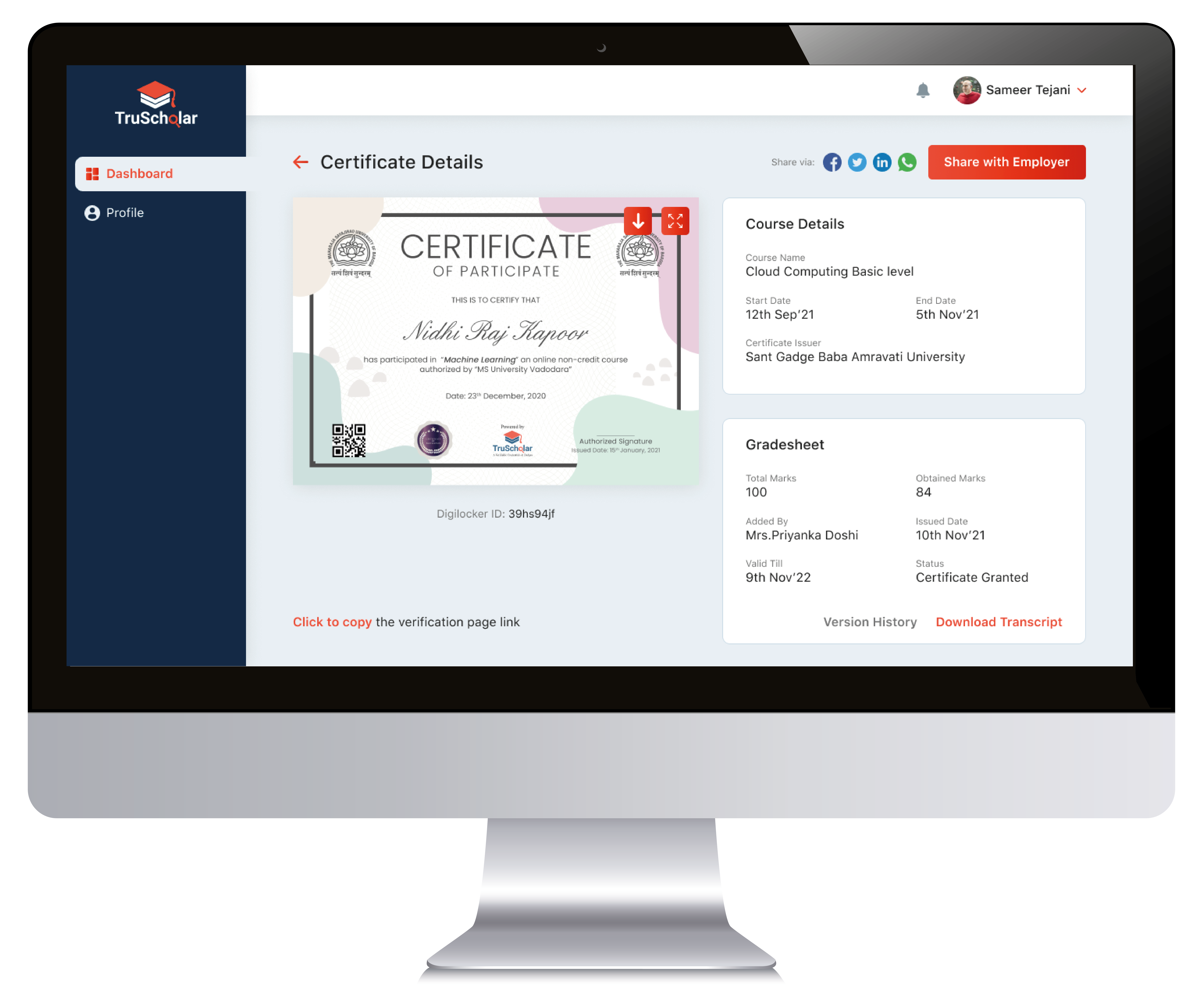 TruScholar Software - Credential Wallet and Social Media sharing