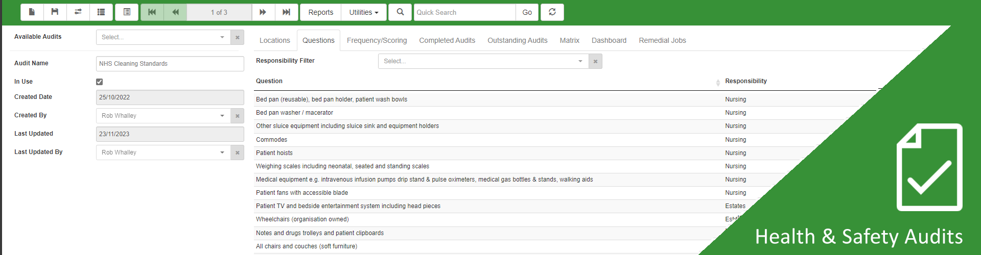 Tabs CAFM Software - Tabs CAFM auditing (i.e. NHS Cleaning Standards)