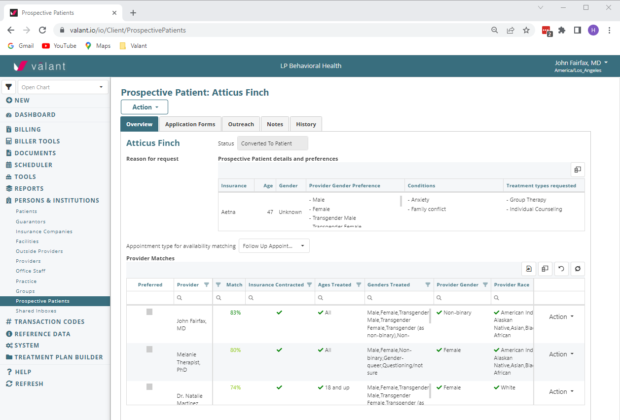 Manage your entire new patient process and find the right patients for your clinician's services with exclusive Prospective Patient Management tools. Access the integrated inquiry form, prospective patient database, and provider match algorithm.