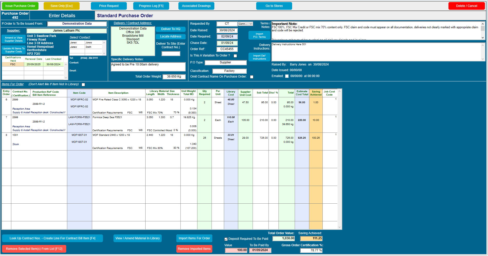 Contract Controller Software - Creating a purchase order instantly posts a committed cost to the contract job costing. A purchase order can be placed to a supplier for items that are for different contracts with costs being booked accordingly.