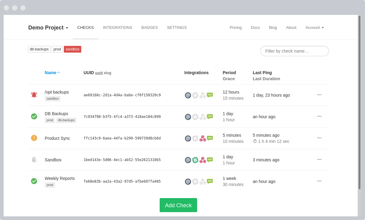 Live-updating dashboard. A list of your checks, one for each Cron job, daemon or scheduled task you want to monitor.