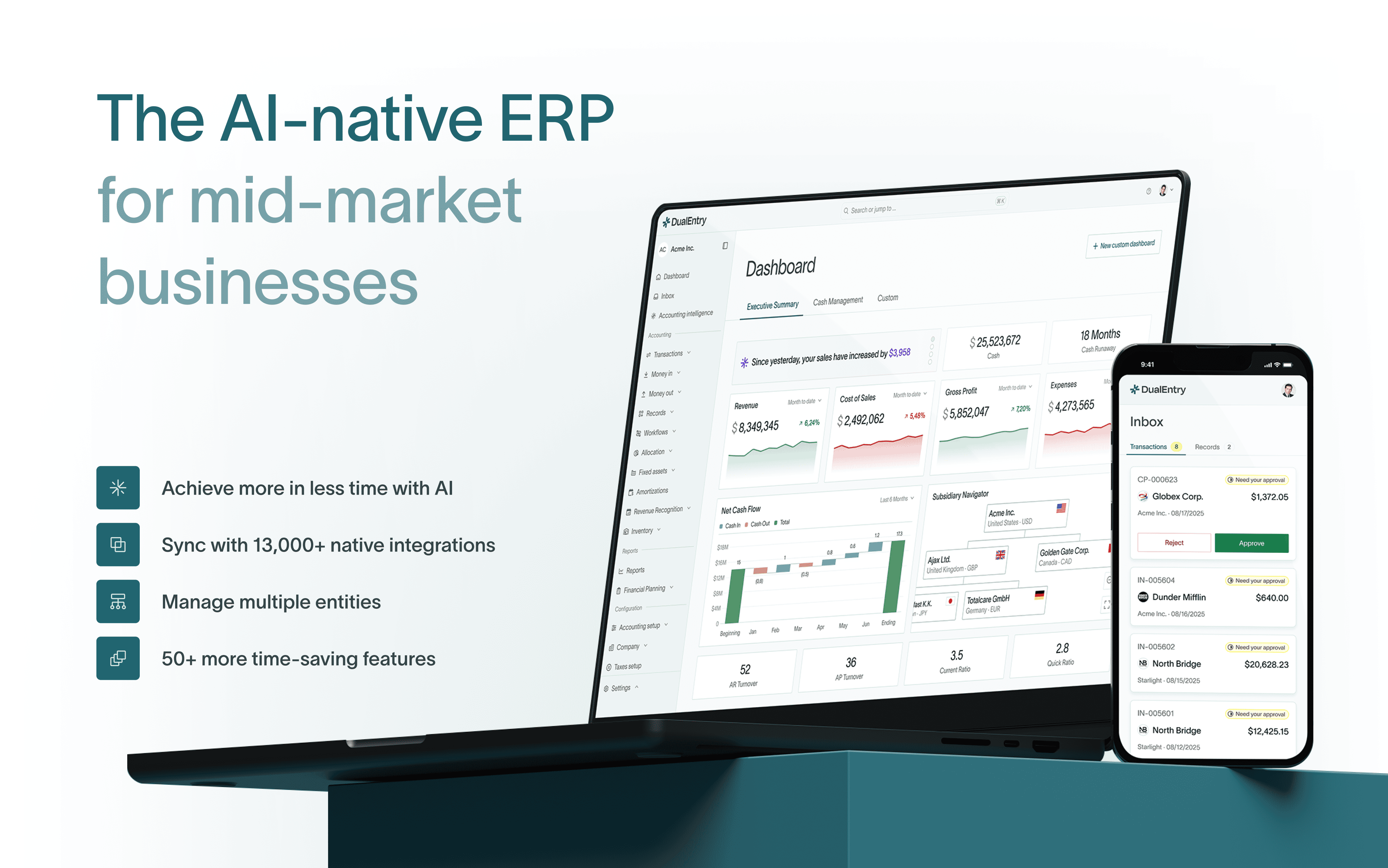 DualEntry screenshot: Manage unlimited subsidiaries, business units, compliance needs, and legal entities in one place. Add new entities any time.
