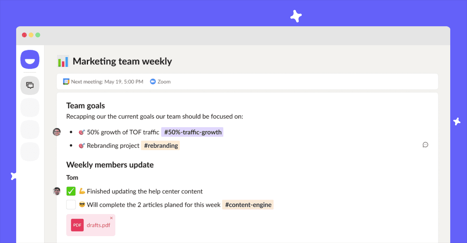 Complish screenshot: Collaborative meeting notes