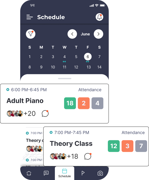 Scheduling - A fully integrated and customized scheduling function that offers a personalized calendar to every person in your club/school. Track attendance, send messages, write notes, attach lesson plans and do more to manage your time effortlessly